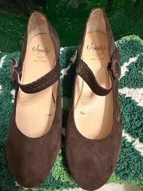 Made in Italy Amalfi  by Rangoni Brown Suede Mary Jane Flats with Braided Strap